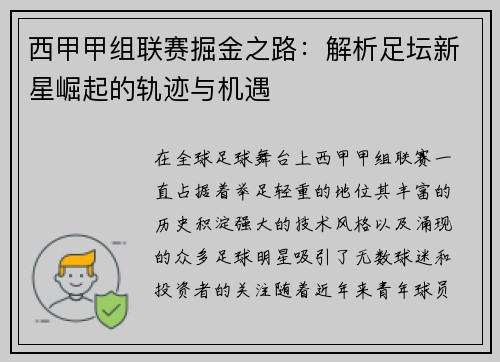 西甲甲组联赛掘金之路：解析足坛新星崛起的轨迹与机遇