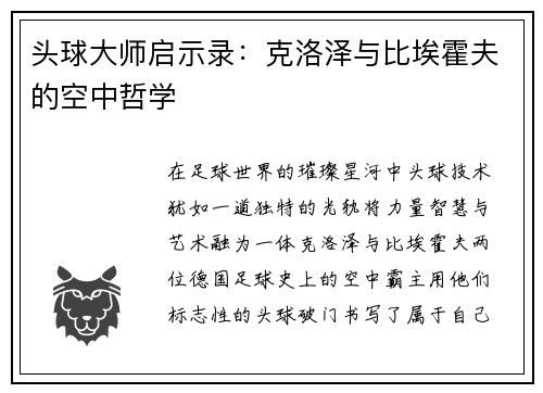 头球大师启示录：克洛泽与比埃霍夫的空中哲学