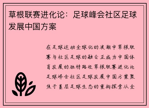 草根联赛进化论：足球峰会社区足球发展中国方案